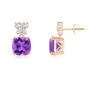 8mm AAA Amethyst Dangle Earrings with Diamond Butterfly Motifs in 9K Rose Gold