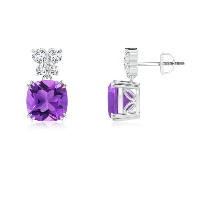 8mm AAA Amethyst Dangle Earrings with Diamond Butterfly Motifs in White Gold