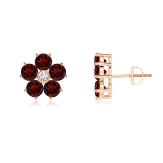 4mm AAA Classic Garnet and Diamond Flower Stud Earrings in Rose Gold