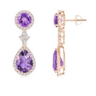 10x7mm A Two Tier Amethyst Drop Earrings with Diamond Halo in Rose Gold