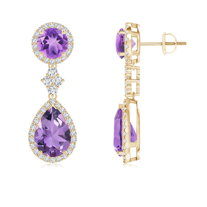 10x7mm A Two Tier Amethyst Drop Earrings with Diamond Halo in Yellow Gold 