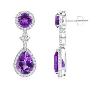 10x7mm AAA Two Tier Amethyst Drop Earrings with Diamond Halo in White Gold