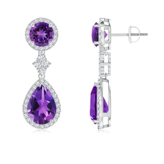 10x7mm AAAA Two Tier Amethyst Drop Earrings with Diamond Halo in P950 Platinum