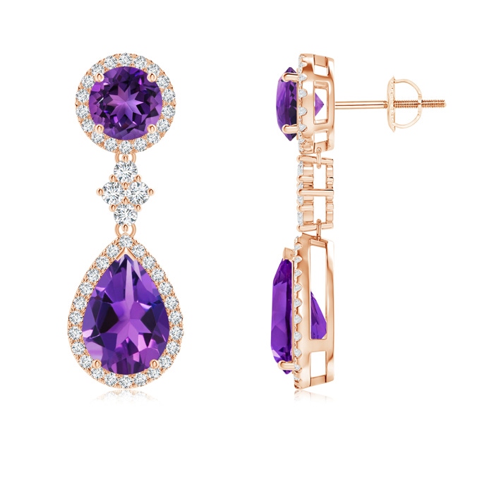 10x7mm AAAA Two Tier Amethyst Drop Earrings with Diamond Halo in Rose Gold 