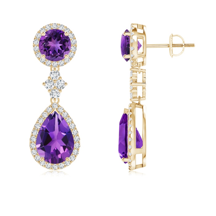 10x7mm AAAA Two Tier Amethyst Drop Earrings with Diamond Halo in Yellow Gold 