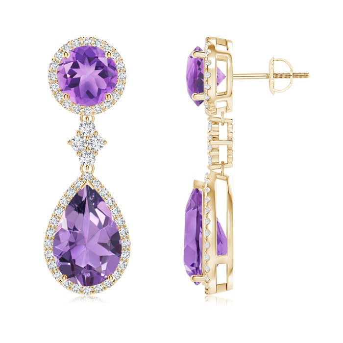 12x8mm A Two Tier Amethyst Drop Earrings with Diamond Halo in Yellow Gold 