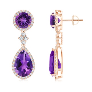 12x8mm AAAA Two Tier Amethyst Drop Earrings with Diamond Halo in Rose Gold