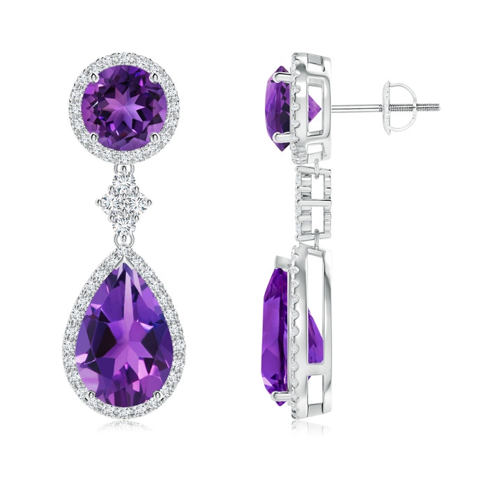 12x8mm AAAA Two Tier Amethyst Drop Earrings with Diamond Halo in White Gold