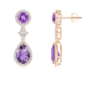 9x6mm A Two Tier Amethyst Drop Earrings with Diamond Halo in 10K Rose Gold