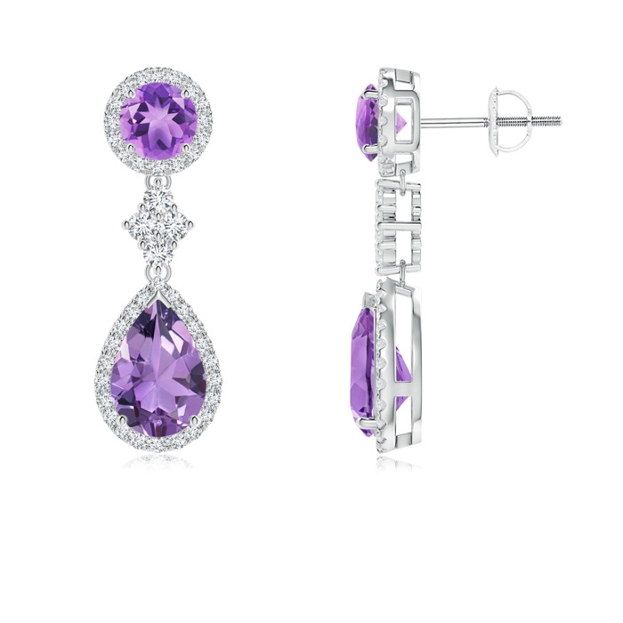 9x6mm A Two Tier Amethyst Drop Earrings with Diamond Halo in White Gold 