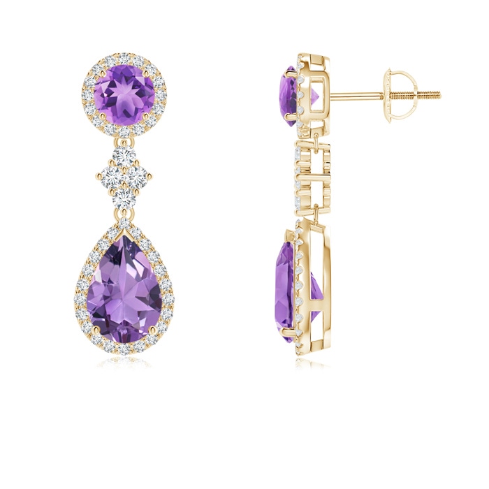 9x6mm A Two Tier Amethyst Drop Earrings with Diamond Halo in Yellow Gold 