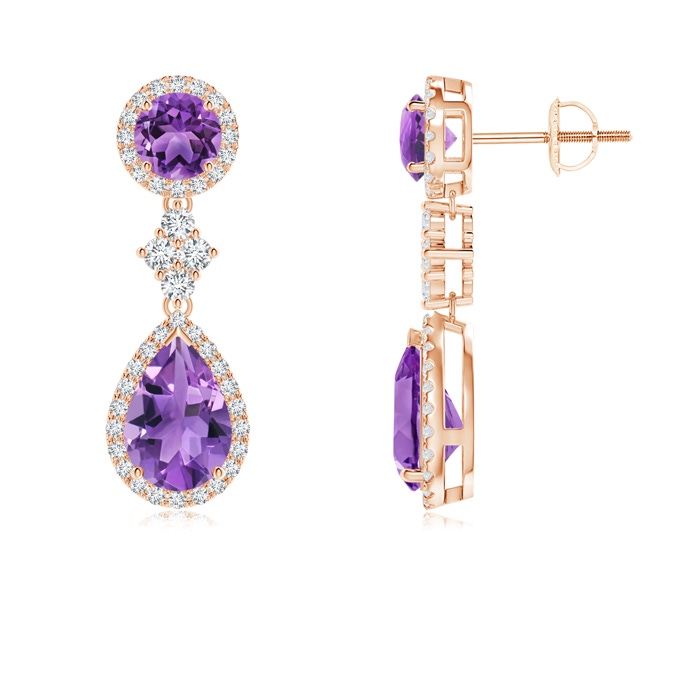 9x6mm AA Two Tier Amethyst Drop Earrings with Diamond Halo in Rose Gold 