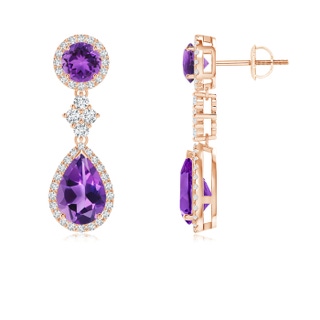 9x6mm AAA Two Tier Amethyst Drop Earrings with Diamond Halo in 9K Rose Gold