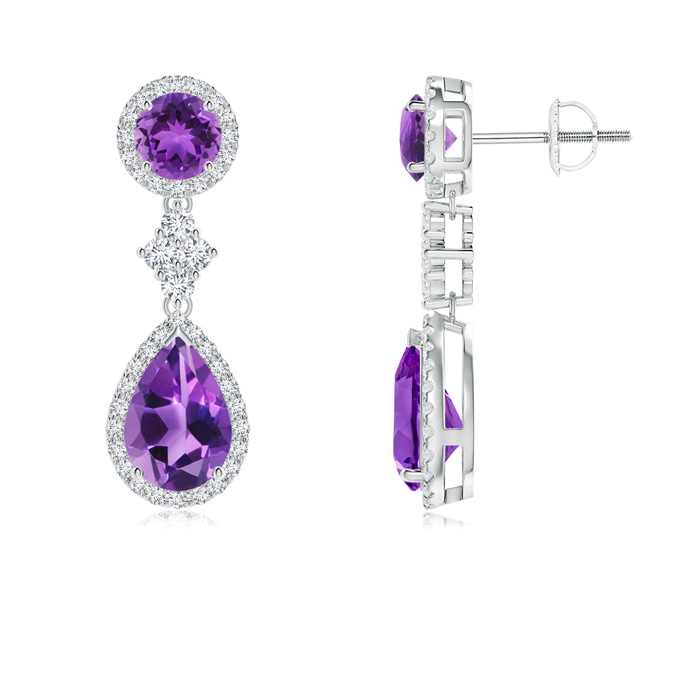 9x6mm AAA Two Tier Amethyst Drop Earrings with Diamond Halo in White Gold