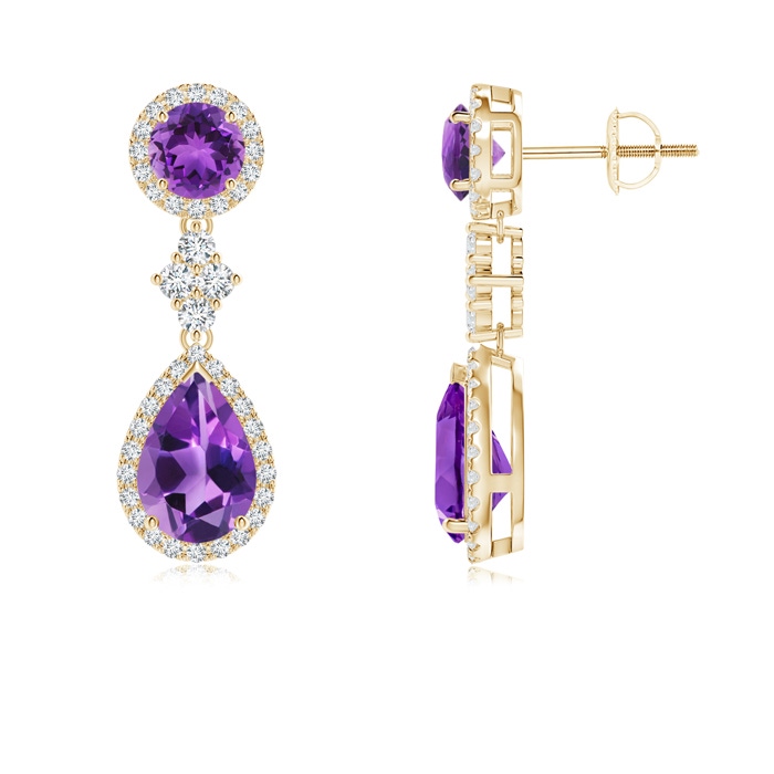 9x6mm AAA Two Tier Amethyst Drop Earrings with Diamond Halo in Yellow Gold 