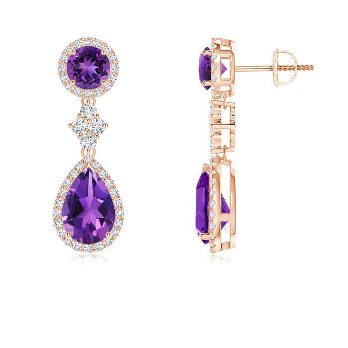 9x6mm AAAA Two Tier Amethyst Drop Earrings with Diamond Halo in Rose Gold 