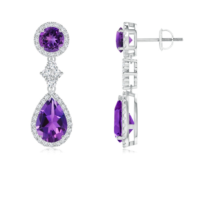 9x6mm AAAA Two Tier Amethyst Drop Earrings with Diamond Halo in White Gold 