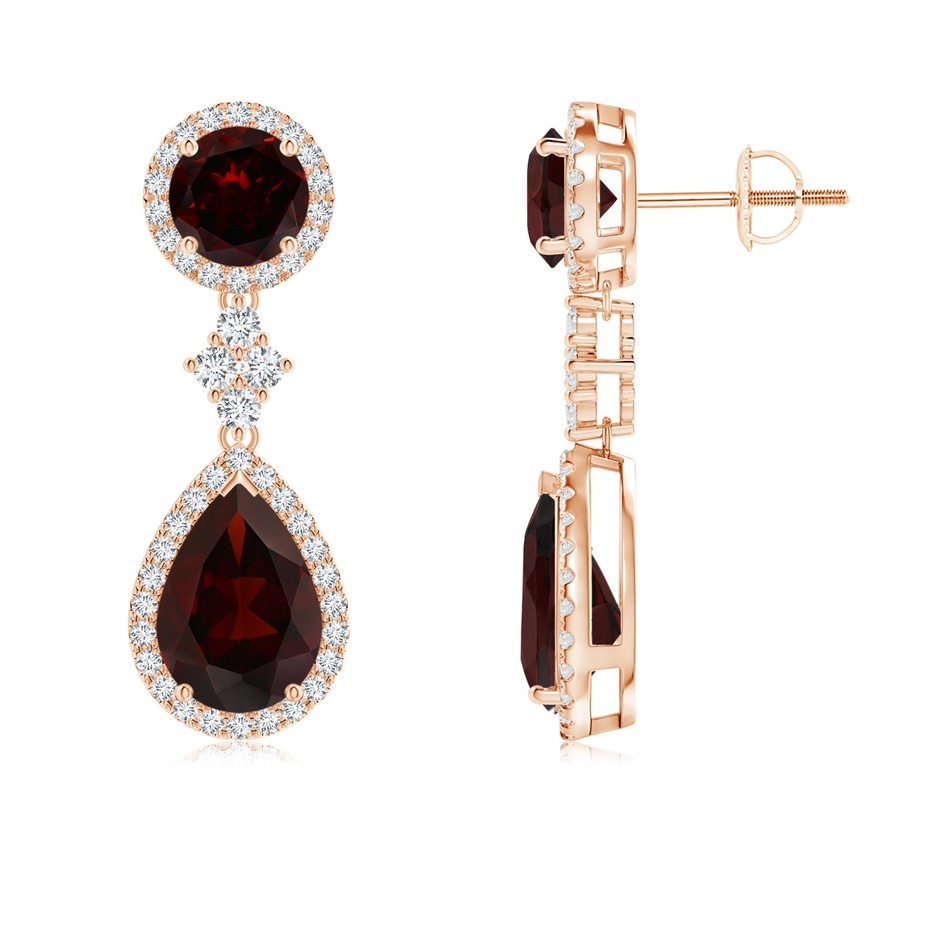 10x7mm A Two Tier Garnet Drop Earrings with Diamond Halo in Rose Gold 