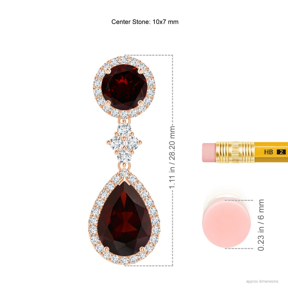 10x7mm A Two Tier Garnet Drop Earrings with Diamond Halo in Rose Gold ruler