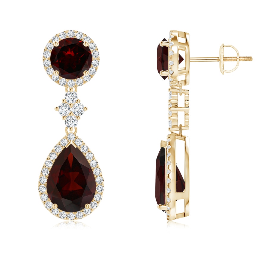 10x7mm A Two Tier Garnet Drop Earrings with Diamond Halo in Yellow Gold 