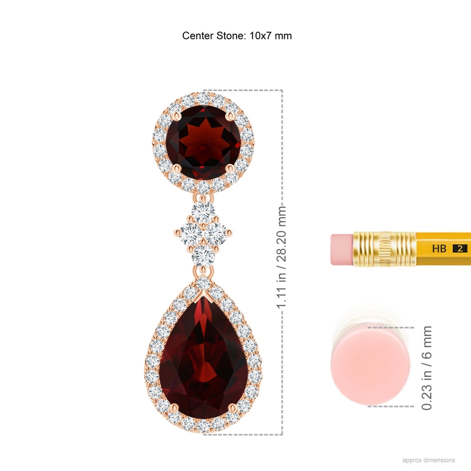 10x7mm AA Two Tier Garnet Drop Earrings with Diamond Halo in Rose Gold ruler