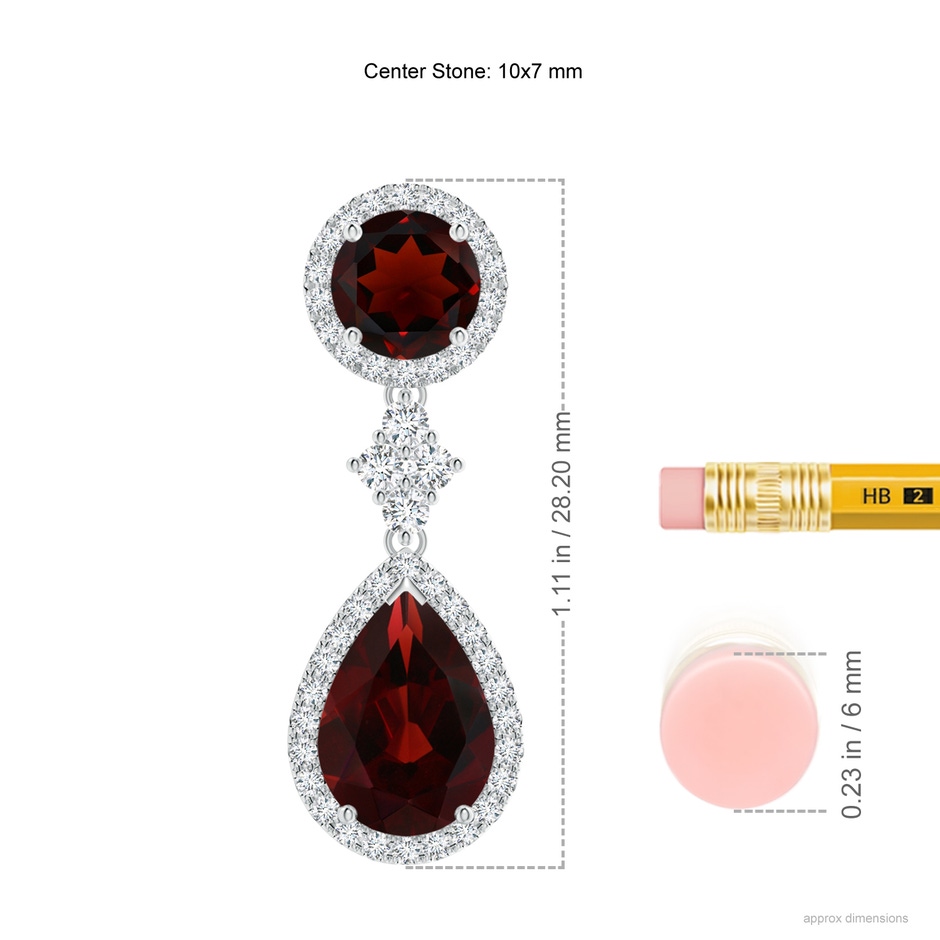 10x7mm AA Two Tier Garnet Drop Earrings with Diamond Halo in White Gold ruler