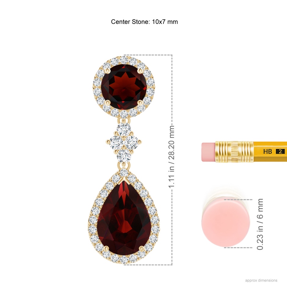 10x7mm AA Two Tier Garnet Drop Earrings with Diamond Halo in Yellow Gold ruler