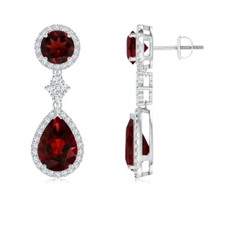 10x7mm AAA Two Tier Garnet Drop Earrings with Diamond Halo in White Gold