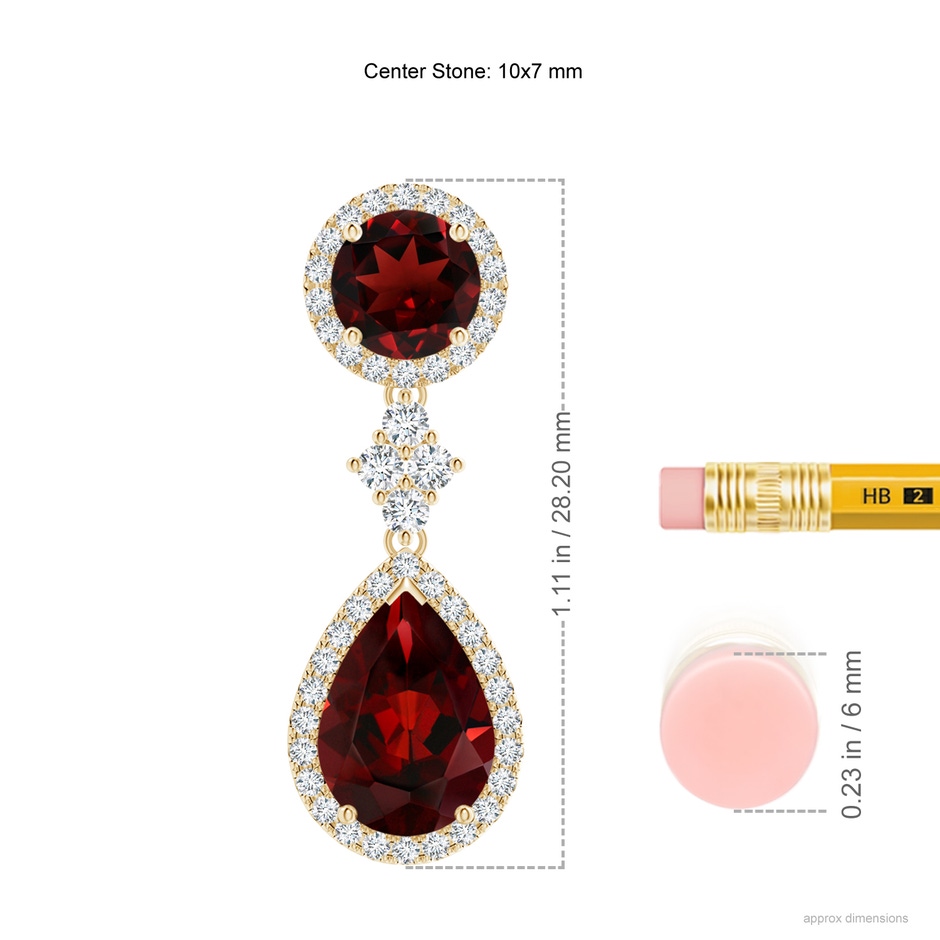 10x7mm AAA Two Tier Garnet Drop Earrings with Diamond Halo in Yellow Gold ruler