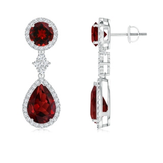 10x7mm AAAA Two Tier Garnet Drop Earrings with Diamond Halo in P950 Platinum