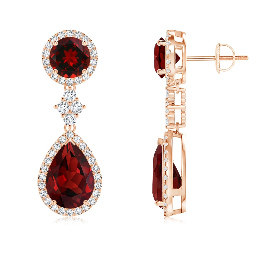10x7mm AAAA Two Tier Garnet Drop Earrings with Diamond Halo in Rose Gold 