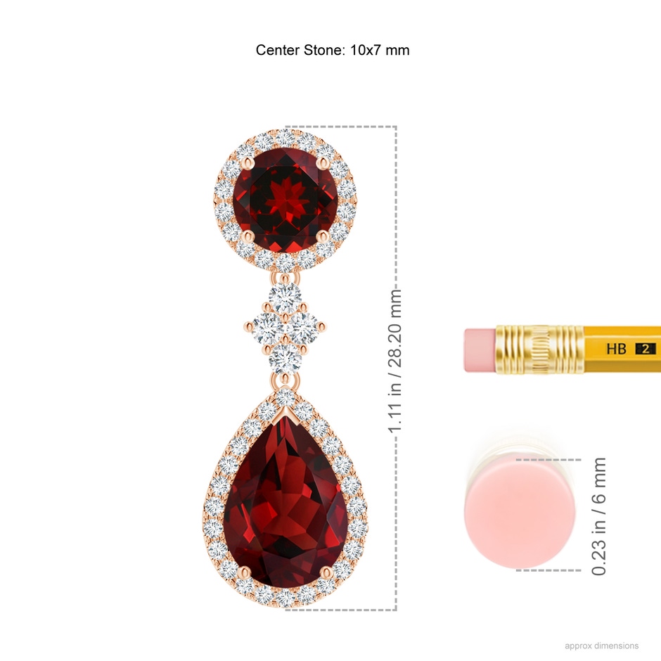 10x7mm AAAA Two Tier Garnet Drop Earrings with Diamond Halo in Rose Gold ruler