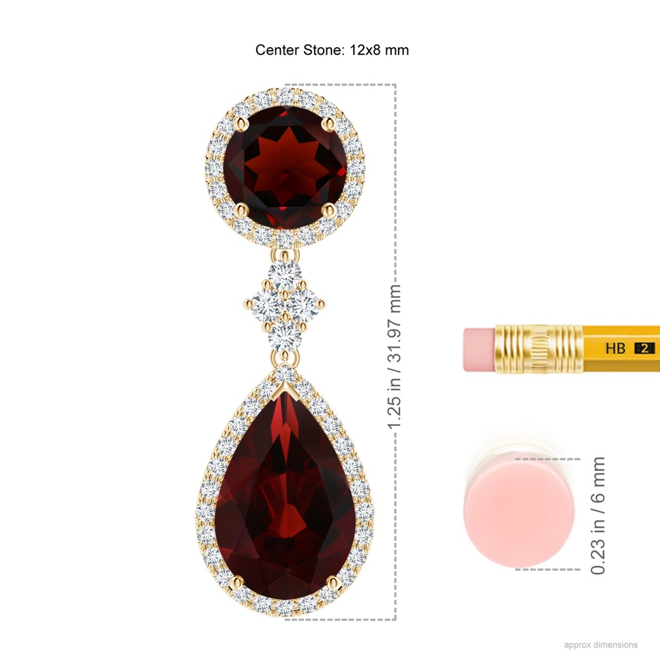 12x8mm AA Two Tier Garnet Drop Earrings with Diamond Halo in Yellow Gold ruler