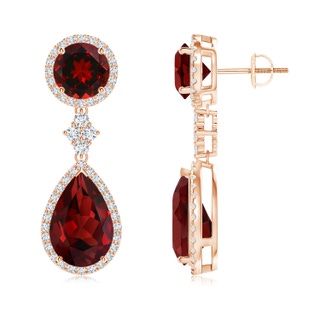 12x8mm AAAA Two Tier Garnet Drop Earrings with Diamond Halo in Rose Gold