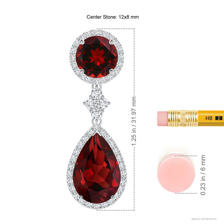 12x8mm AAAA Two Tier Garnet Drop Earrings with Diamond Halo in White Gold ruler