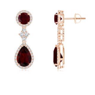 9x6mm A Two Tier Garnet Drop Earrings with Diamond Halo in 10K Rose Gold