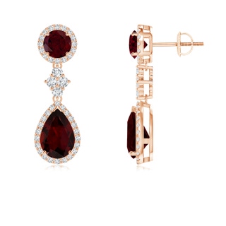 9x6mm A Two Tier Garnet Drop Earrings with Diamond Halo in 9K Rose Gold