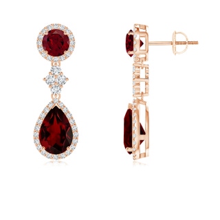 9x6mm AA Two Tier Garnet Drop Earrings with Diamond Halo in 10K Rose Gold