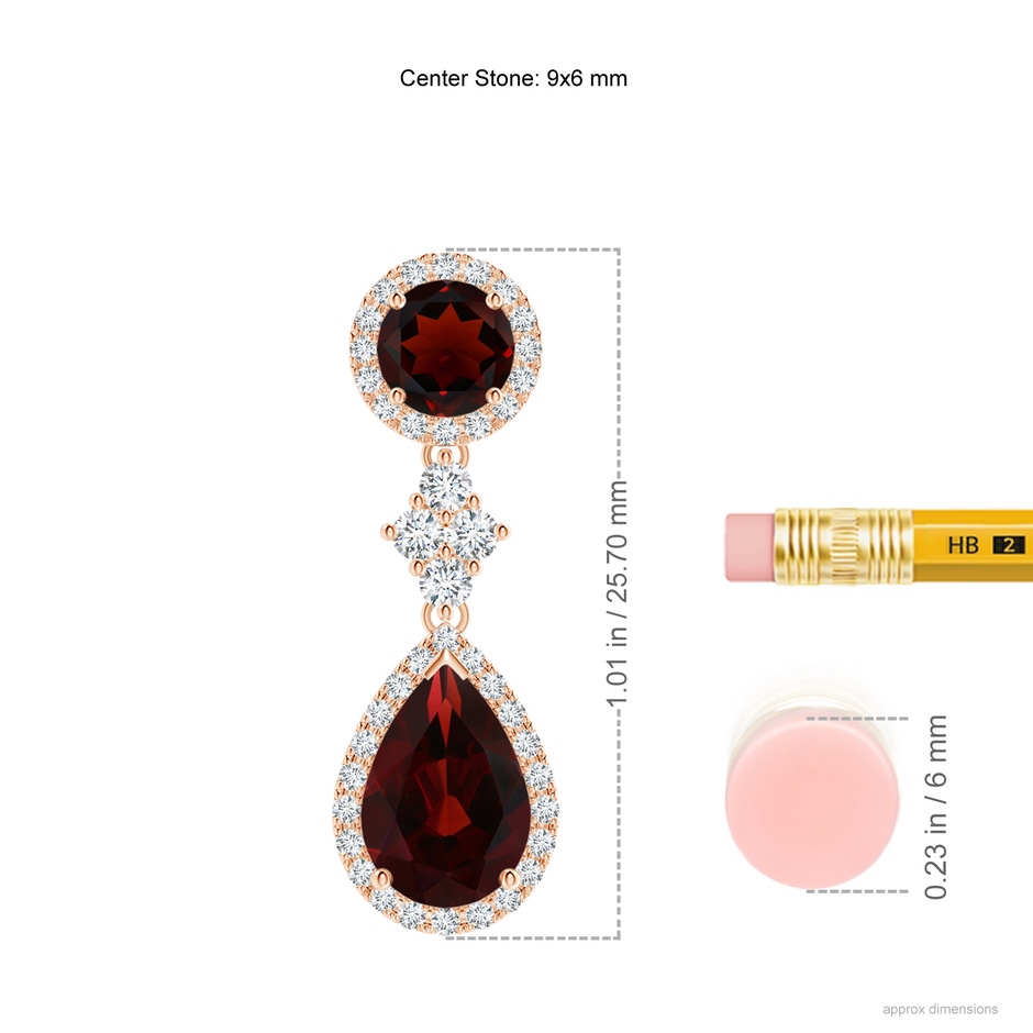 9x6mm AA Two Tier Garnet Drop Earrings with Diamond Halo in Rose Gold ruler