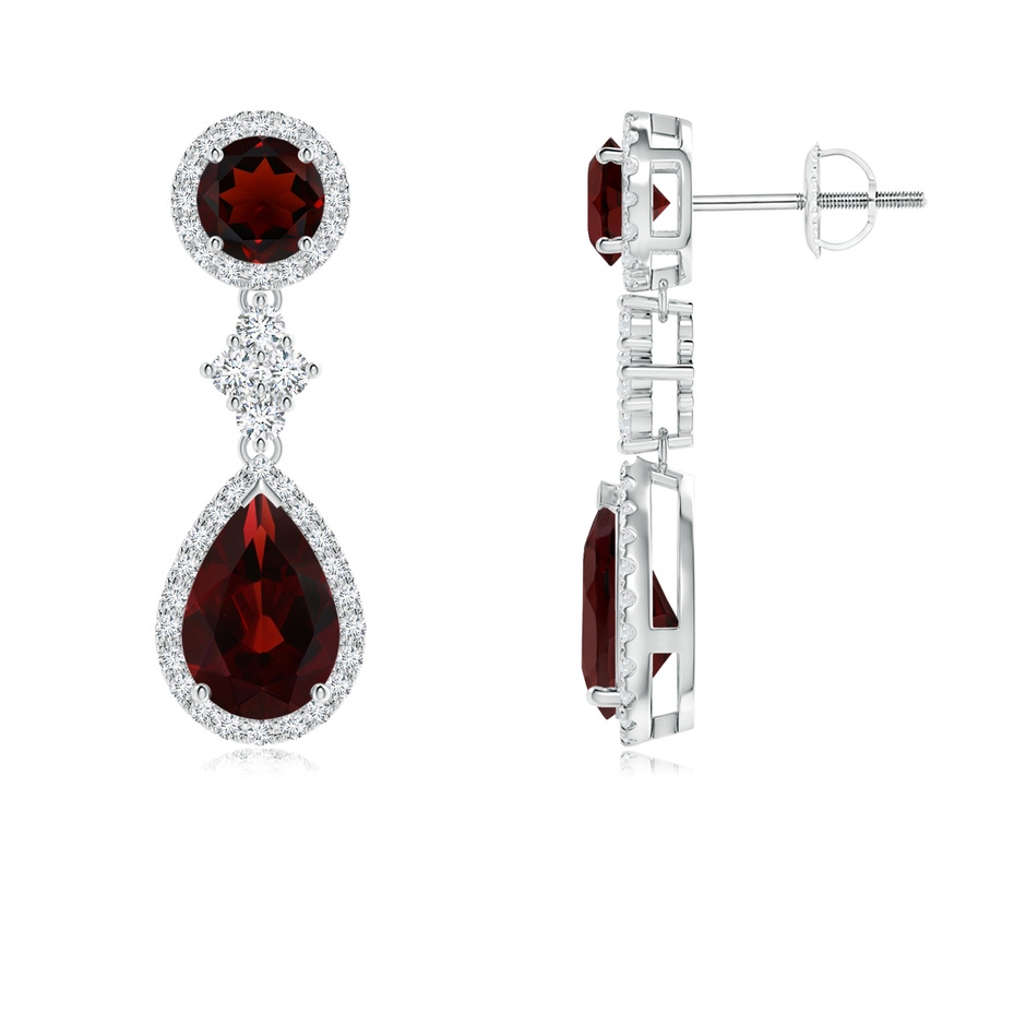 9x6mm AA Two Tier Garnet Drop Earrings with Diamond Halo in White Gold 