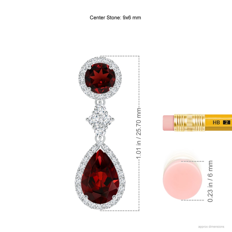 9x6mm AAA Two Tier Garnet Drop Earrings with Diamond Halo in White Gold ruler