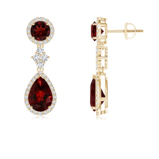 9x6mm AAA Two Tier Garnet Drop Earrings with Diamond Halo in Yellow Gold