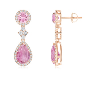 9x6mm A Two Tier Pink Tourmaline Drop Earrings with Diamond Halo in 9K Rose Gold