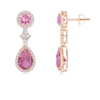 9x6mm AA Two Tier Pink Tourmaline Drop Earrings with Diamond Halo in Rose Gold