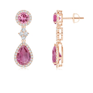 9x6mm AAA Two Tier Pink Tourmaline Drop Earrings with Diamond Halo in Rose Gold