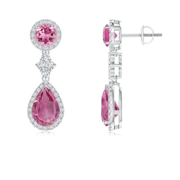 9x6mm AAA Two Tier Pink Tourmaline Drop Earrings with Diamond Halo in White Gold