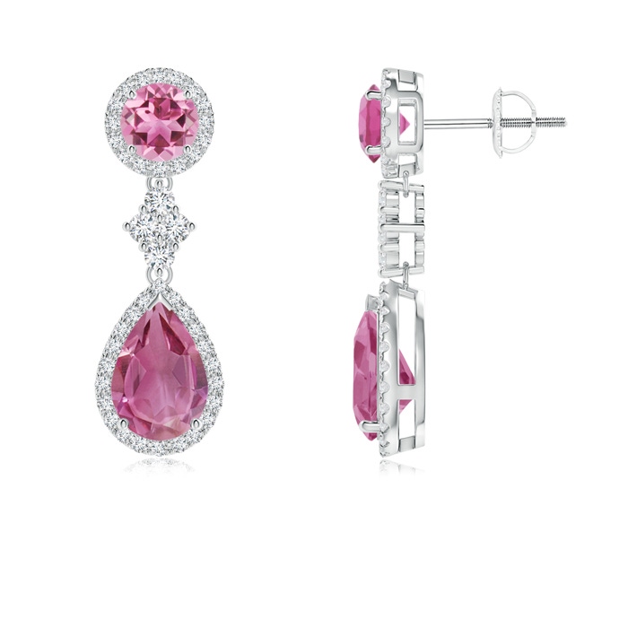 9x6mm AAA Two Tier Pink Tourmaline Drop Earrings with Diamond Halo in White Gold 