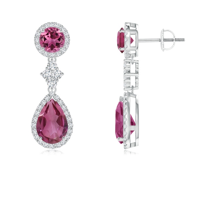 9x6mm AAAA Two Tier Pink Tourmaline Drop Earrings with Diamond Halo in P950 Platinum