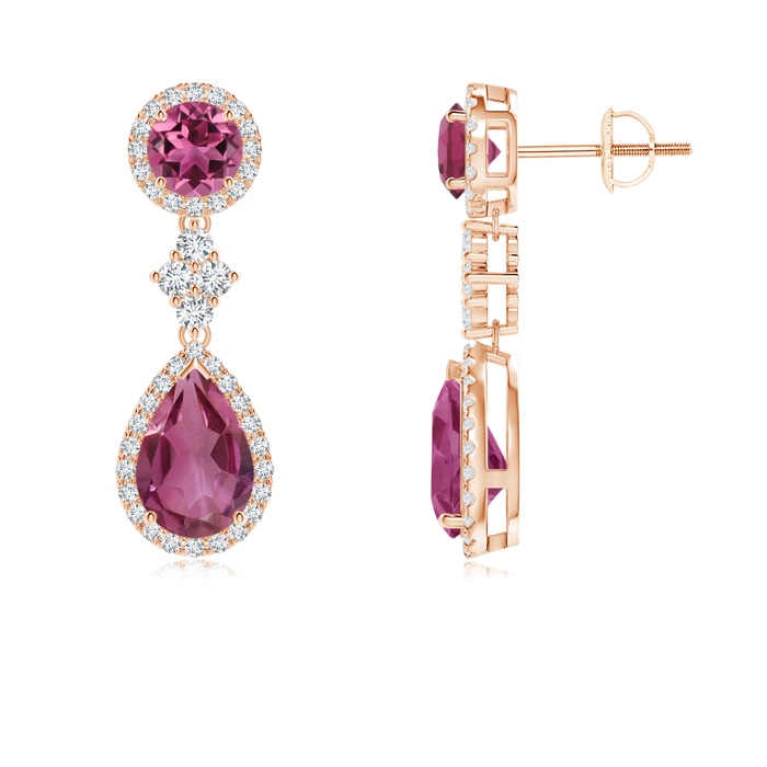 9x6mm AAAA Two Tier Pink Tourmaline Drop Earrings with Diamond Halo in Rose Gold 