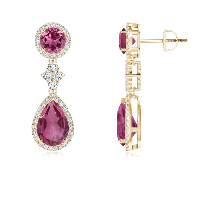 9x6mm AAAA Two Tier Pink Tourmaline Drop Earrings with Diamond Halo in Yellow Gold